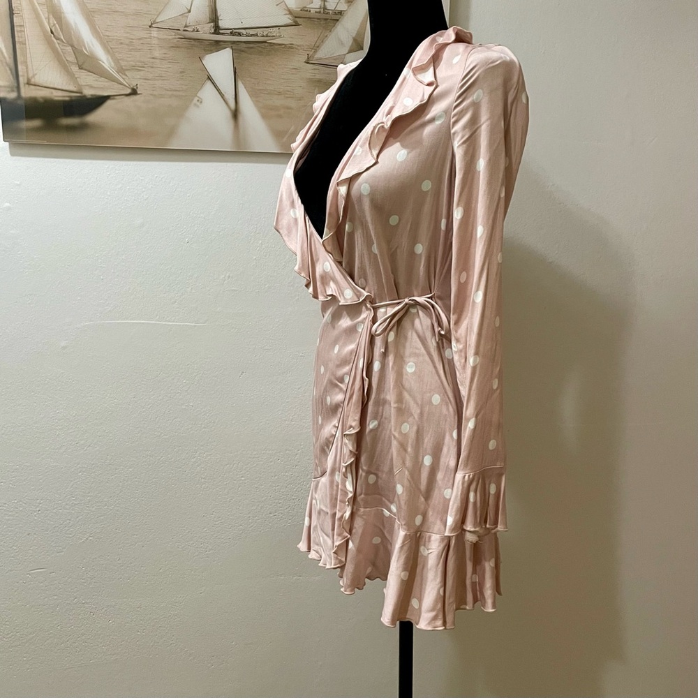 Urban Outfitters Light Pink Oversized Polka Dot Long Sleeve Wrap Dress